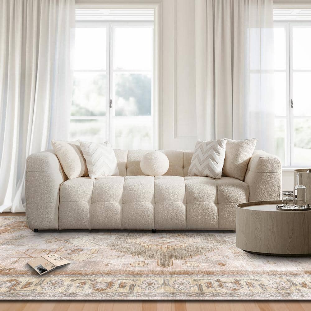 Ivory Boucle Puffy 3-Seater Mid Century Modern Sofa