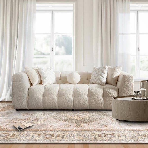 Ashcroft Furniture Co Atlantic 90.6 in. Slope Arm Boucle Fabric Rectangle Luxury Sofa in. Ivory