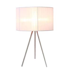 19.69 in. Brushed Nickel Tripod Table Lamp with White Pleated Silk Sheer Shade