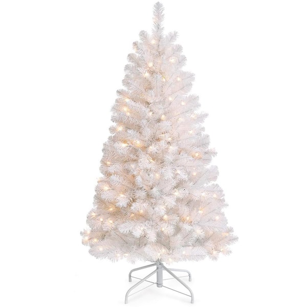 4.5 ft. Prelit Christmas Tree, White Christmas Tree with 150 Clear Warm Lights and 330 Branch Tips for Indoor Outdoor