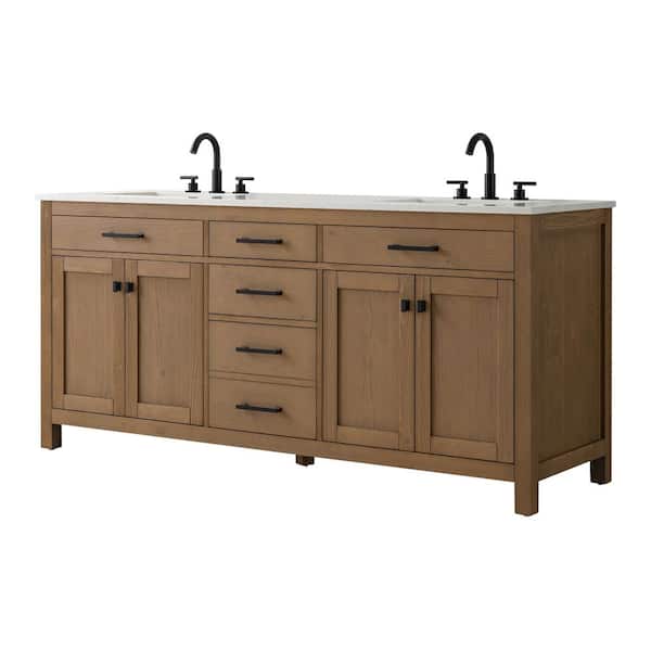 Luther 72 in. W x 22 in. D Bath Vanity in Textured Natural with Quartz Top in Velluto White with White Sinks