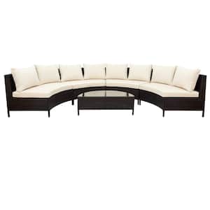 5-Piece Brown Wicker Outdoor Patio Sectional Furniture Set Half-Moon Sofa Set with Beige Cushions, Tempered Glass Table