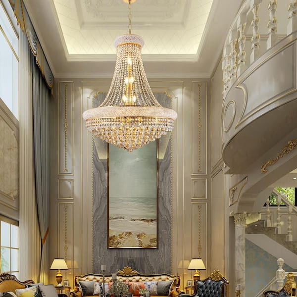 28 in. Gold 15-Light Crystal Chandelier with LED Bulbs and 3000K Warm Pendant Light for Dining Room and Living Room