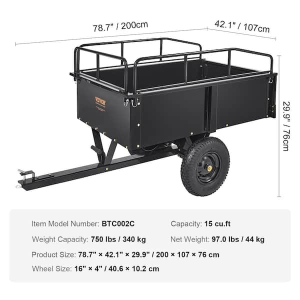 VEVOR Heavy Duty ATV Trailer Steel Dump Cart, 750-Pound 15 Cubic Feet, Garden Utility Trailer with Removable Sides for Riding L