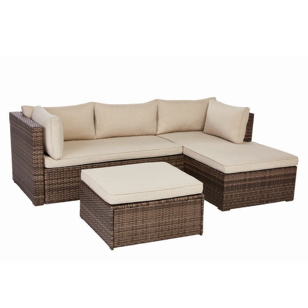 Valley Peak Low Profile 3 Piece All Weather Wicker Outdoor Sectional Set With Beige Cushions Kvs945n The Home Depot - Capilano Curved All Weather Wicker Patio Sectional Sofa