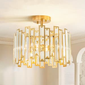 Erin 14.2 in. W 5-Light Brass Gold Modern Glam Cage Drum Crystal Semi- Flush Mount Ceiling Light