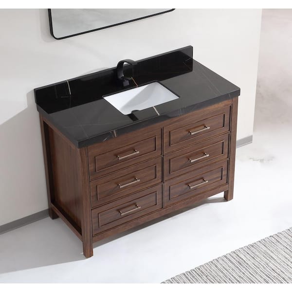Luxury Ebony Series 48 in. 1 Freestanding Dark Brown Finish Bath Vanity with 2 in. Black Natural Marble Top Assembled