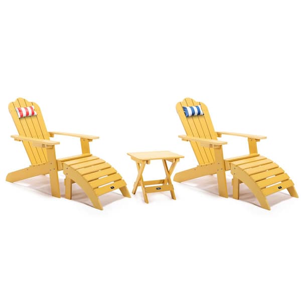 moda furnishings Milk and Fence Yellow Folding Plastic Adirondack Chair Set with Ottomans Side Table and Pillow