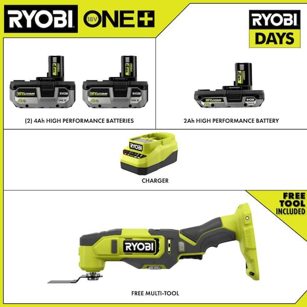ONE+ 18V HIGH PERFORMANCE Kit w/ (2) 4.0 Ah Batteries, 2.0 Ah Battery, Charger, & FREE ONE+ Cordless Multi-Tool
