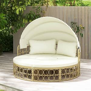 Beige Plastic Outdoor Day Bed with Off White Cushions