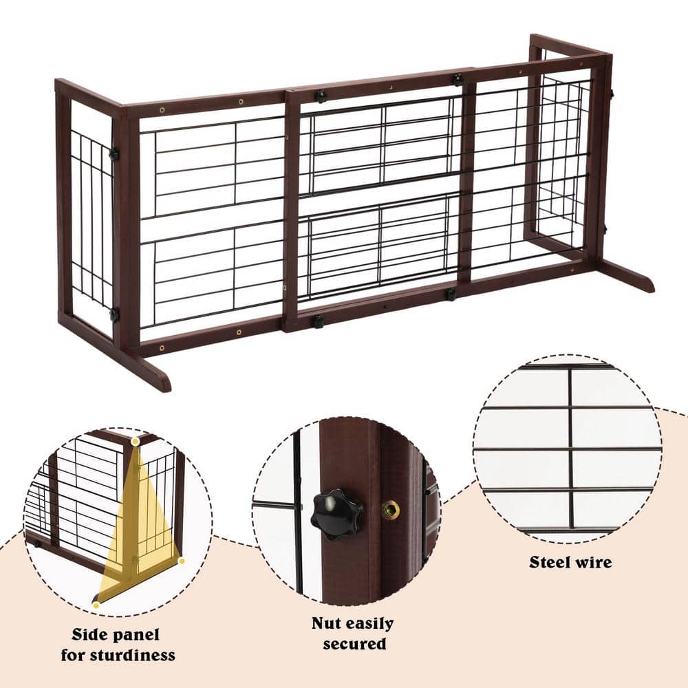 Expandable Brown Solid Wood Freestanding Pet Gate with Wire Mesh