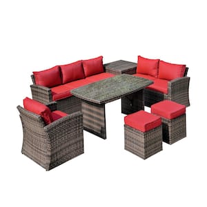 Brown 7-Piece Wicker Outdoor Patio Conversation Seating Sofa Set with Red Thick Cushions