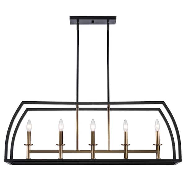 Copper Hill 5-Light Black and Antique Gold Farmhouse Linear Chandelier Light Fixture with Caged Metal Shade