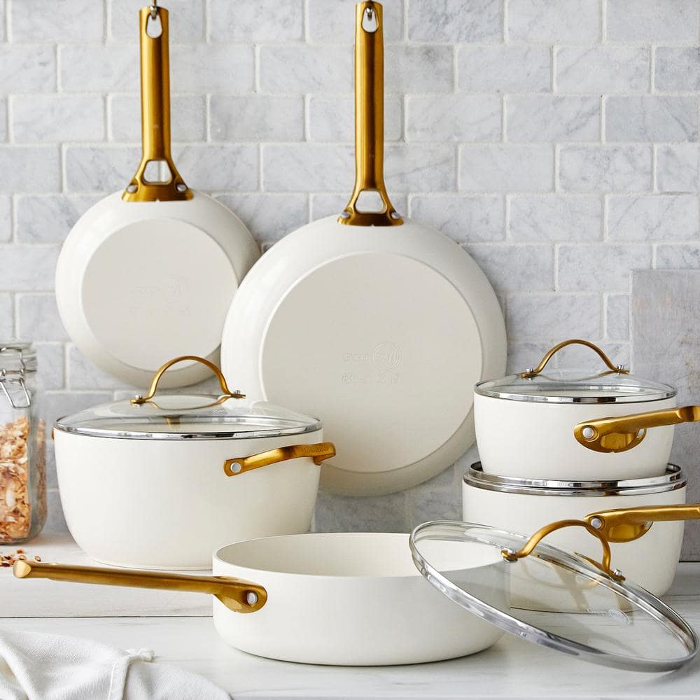 Cream and Gold 10-Piece Ceramic Nonstick Cookware Set