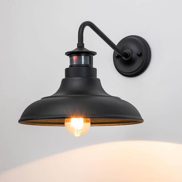 1-Light Matte Black Motion Sensing Dusk to Dawn Gooseneck Outdoor Wall Lantern Sconce (2-Pack)