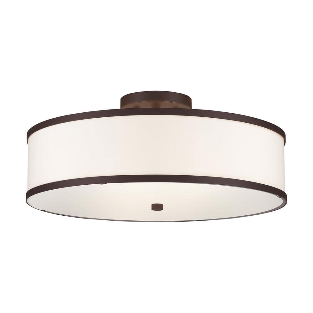 Bronze Contemporary 3-Light Semi-Flush Mount with Off-White Fabric Shade