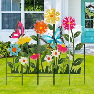 39.75 in. H Metal Silhouette Flowers and Butterflies Yard Stake Fence (5-Piece)