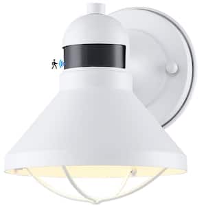 Upgraded 7.08 in. White Motion Sensing Dusk to Dawn Indoor/Outdoor Hardwired Barn Sconce with LED Included