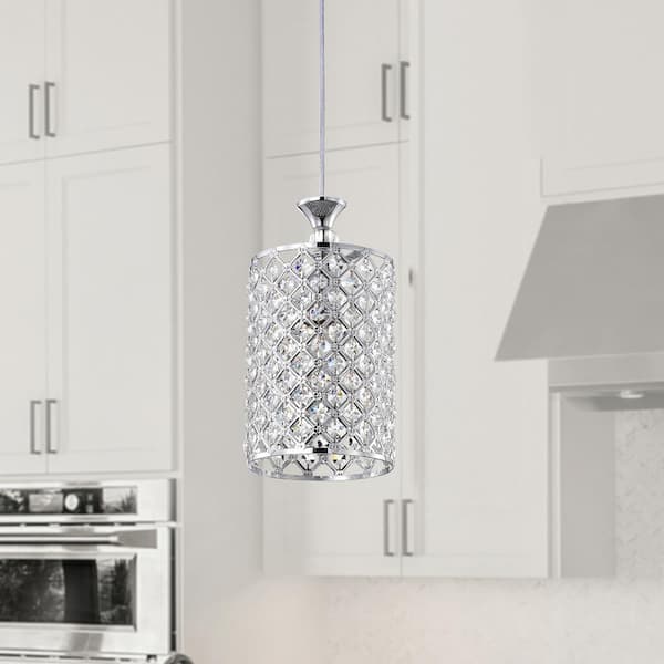 Marya 1-Light Chrome Round Beaded Drum Pendant Lighting with Crystals