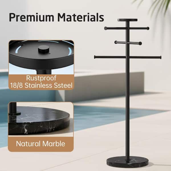 Adjustable 3-Arm Outdoor Freestanding Towel Rack with Marble Base and Top Tray for Pool & Hot Tub in Mette Black