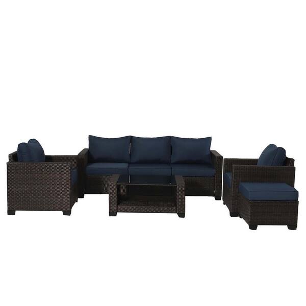Cesicia Outdoor Brown 7-Piece Wicker Patio Conversation Set with Blue Cushions