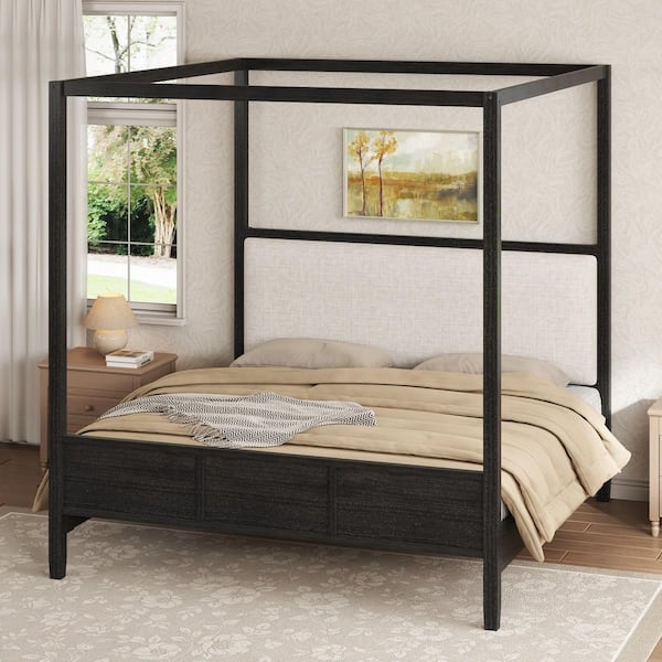 Orio Black Wood Frame King Size Canopy Bed Platform Bed with Linen Upholstery Headboard