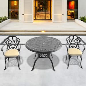 3 Piece Cast Aluminum Round Outdoor Dining Set, Patio Furniture with in Random Colors Cushions