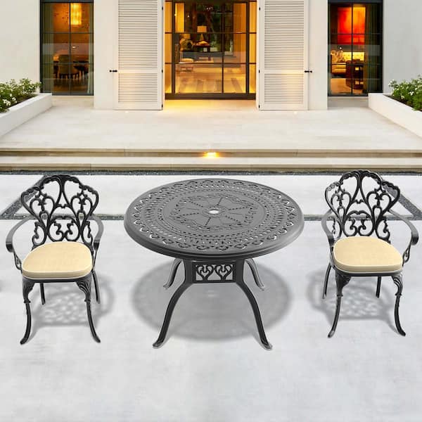 Zeus & Ruta 3 Piece Cast Aluminum Round Outdoor Dining Set, Patio Furniture with in Random Colors Cushions