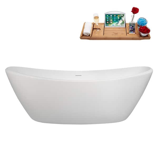 75 in. x 35 in. Acrylic Freestanding Soaking Bathtub in Glossy White with Brushed Brass Drain, Bamboo Tray