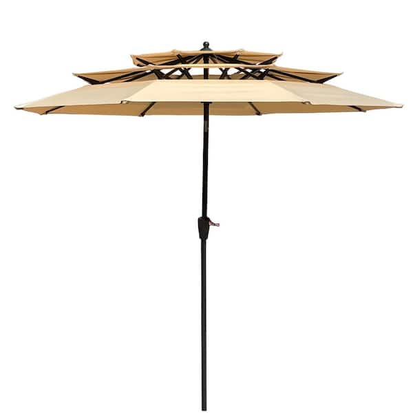 ToolCat 9 ft. 3-Tiers Aluminum Market Umbrella with Crank and Tilt and Wind Vents Outdoor Patio Umbrella in Beige