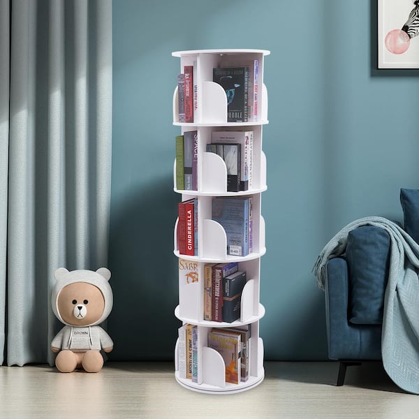 5 Tier Versatile Round Wooden Rotating Swivel Bookshelf Bookcase Shelves  White