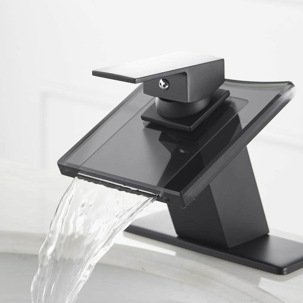 Matte Black Glass Waterfall Bathroom Faucet with Brass Handle