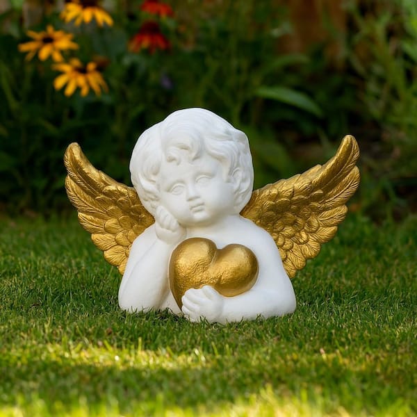 White 15 in. x 11 in. Resin Cherub Angel Garden Statue with Heart Ornament