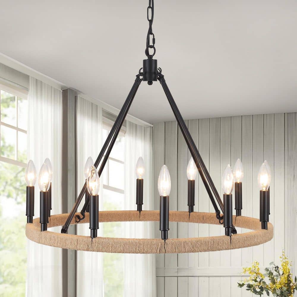 ADSENSTY 12-Light Black Wagon Wheel Farmhouse Chandelier