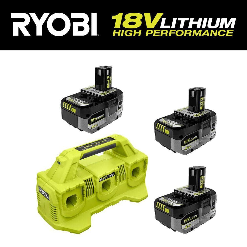 RYOBI ONE+ 18V (3) 4.0 Ah Batteries and 6 Port Charger Starter Kit ...