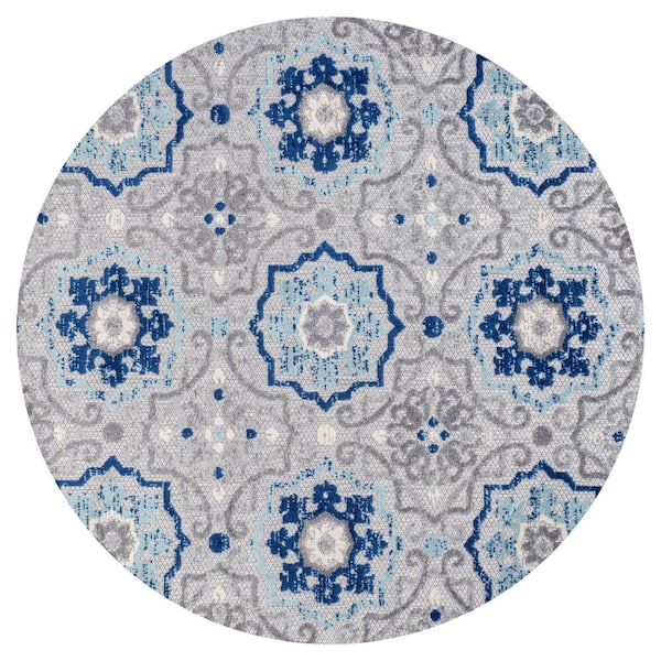 Mediterranean Medallion Blue/Gray 5 ft. Round Indoor/Outdoor Area Rug