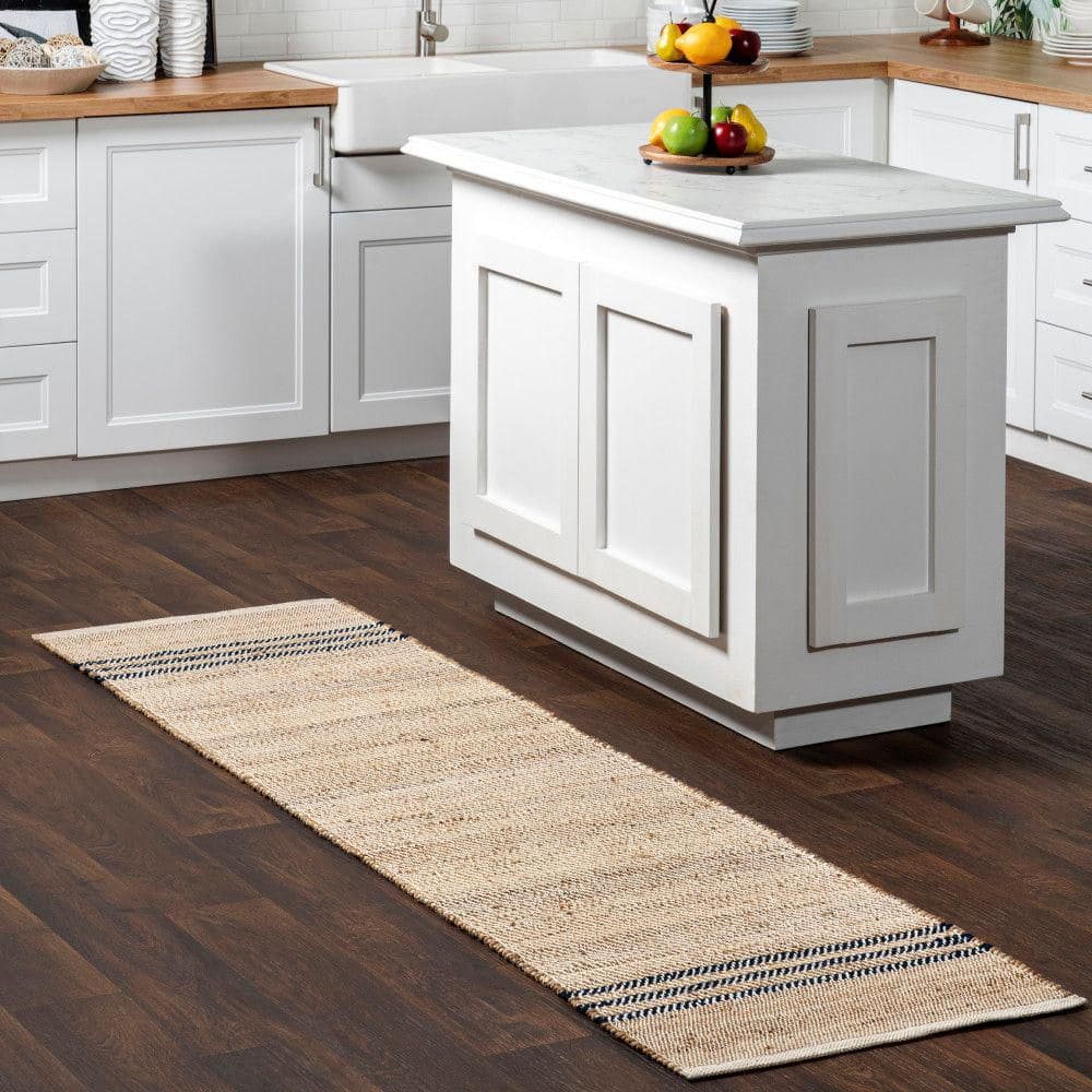 Natural Jute Flatwoven Runner Rug with Blue Stripes, 2' x 8'