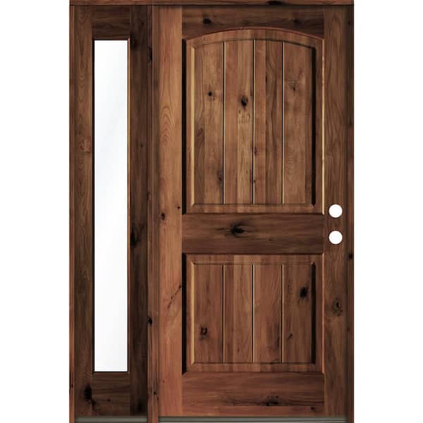 Krosswood Doors 44 in. x 80 in. Rustic Knotty Alder Left-Hand/Inswing Clear Glass Red Mahogany Stain Wood Prehung Front Door w/Sidelite