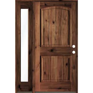 56 in. x 80 in. Rustic knotty alder Left-Hand/Inswing Clear Glass Red Mahogany Stain Wood Prehung Front Door w/Sidelite