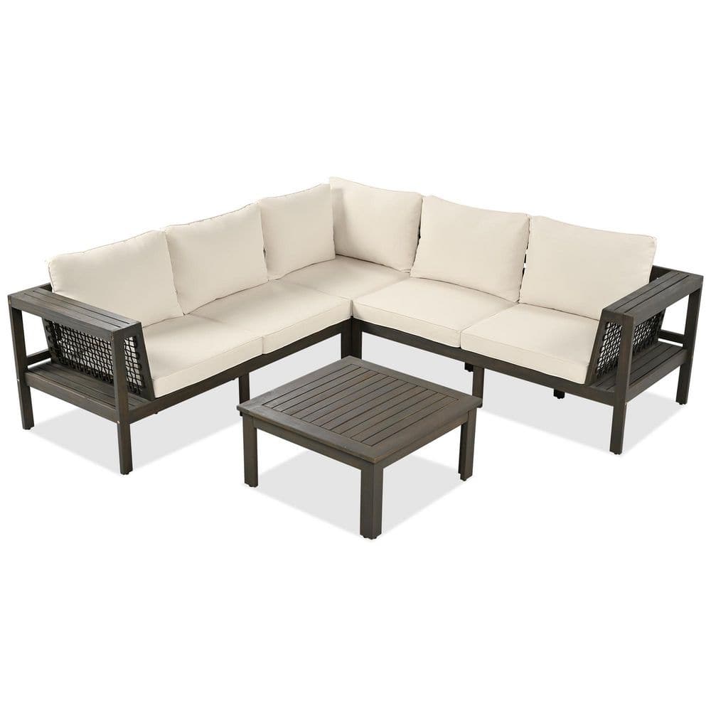 Grayish Brown 4-Piece Wood Outdoor Sectional Set, L-Shaped Sofa Set with Beige Cushion, Coffee Table price history on PriceWatchPro