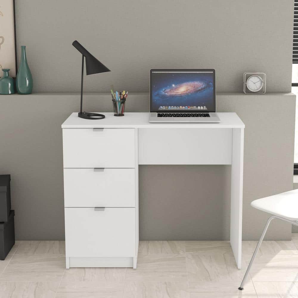 Polifurniture Cambridge 36 in. W Rectangle White Enginered Wood 3 Drawer Writing Desk 401905370001 The Home Depot