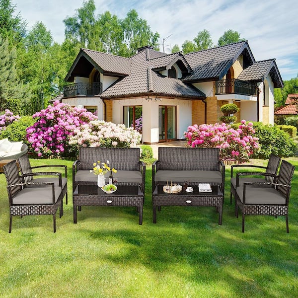 8PCS Rattan Patio Conversation Set Outdoor Furniture Set Garden w/Cushion