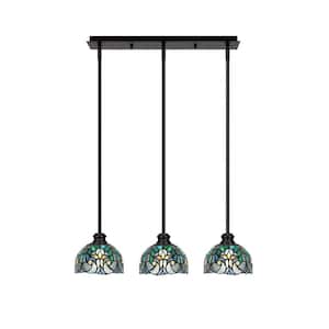 Albany 60-Watt 3-Light Espresso Linear Pendant Light with Turquoise Cypress Art Glass Shades and No Bulbs Included