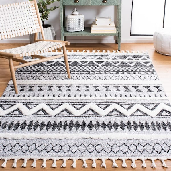 Moroccan Tassel Shag 9 ft. x 12 ft. Gray/Black Zig-Zag Diamond Striped Area Rug