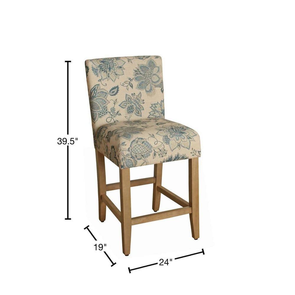 Lexie 24" Blue Floral Upholstered Counter Stool with Wood Legs