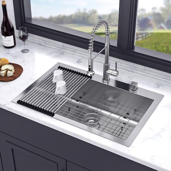 33 in. L x 22 in. W Drop-In Single Bowl 16-Gauge Stainless Steel Kitchen Sink in Brushed Nickel