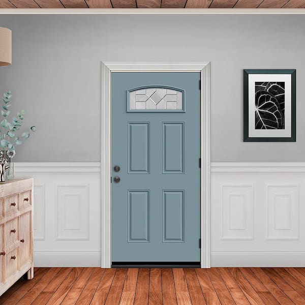 36 in. x 80 in. Left-Hand/Inswing Camber Top 1/4-Lite Caldwell Decorative Glass LightBlue Paint Steel Prehung Front Door
