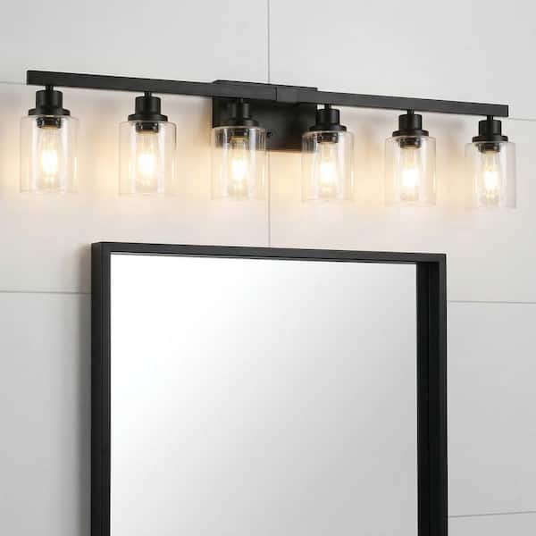 37 in. 6-Light Black Modern Bathroom Vanity Light Fixture, Industrial Wall Sconce with Clear Glass Shades for Mirror