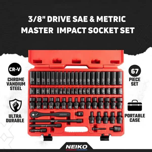 NEIKO 3/8 in. Drive SAE and Metric 6-Point Deep Impact Socket Set