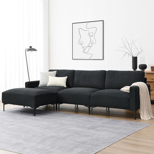 Harper & Bright Designs 104 in. W Square Arm Soft Velvet L-Shaped Sectional Sofa with Convertible Ottoman in. Dark Gray